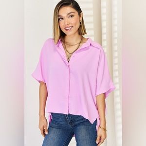 Zenana Texture Button Up Short Sleeve High-Low Shirt